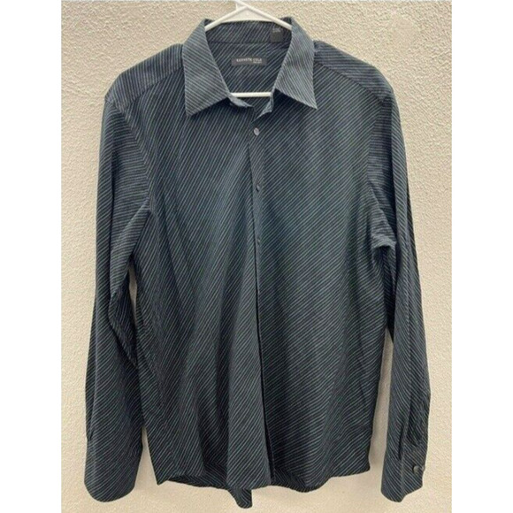 Mens Kenneth Cole Shirt Size Large New York Black Stripped Long Sleeve Button Up - Picture 1 of 10